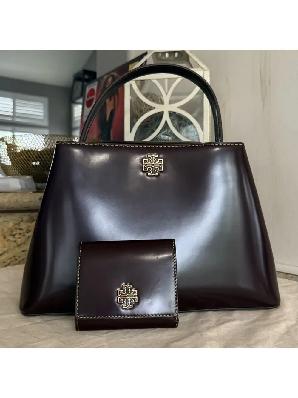 New 900+! Tory Burch BRITTEN SMOOTH SATCHEL & Matching Wallet TEMPRANILLO / Gold